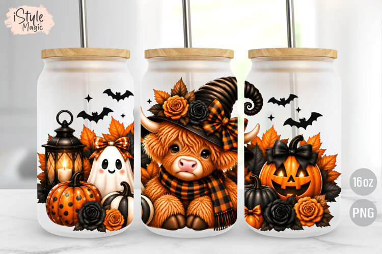 Highland Cow Ghost Halloween 16oz Libbey Glass Can Wrap PNG example image 1