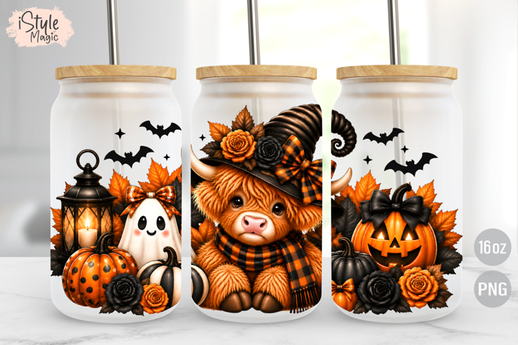Highland Cow Ghost Halloween 16oz Libbey Glass Can Wrap PNG