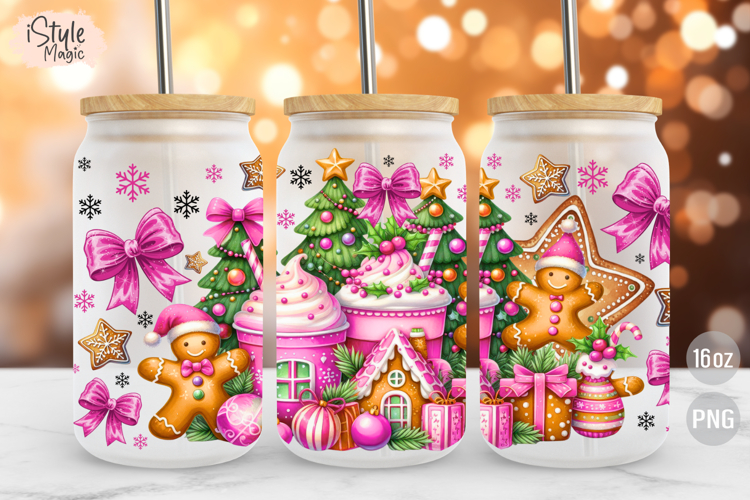 Christmas Pink Gingerbread 16 oz Libby Coffee Glass Can Wrap