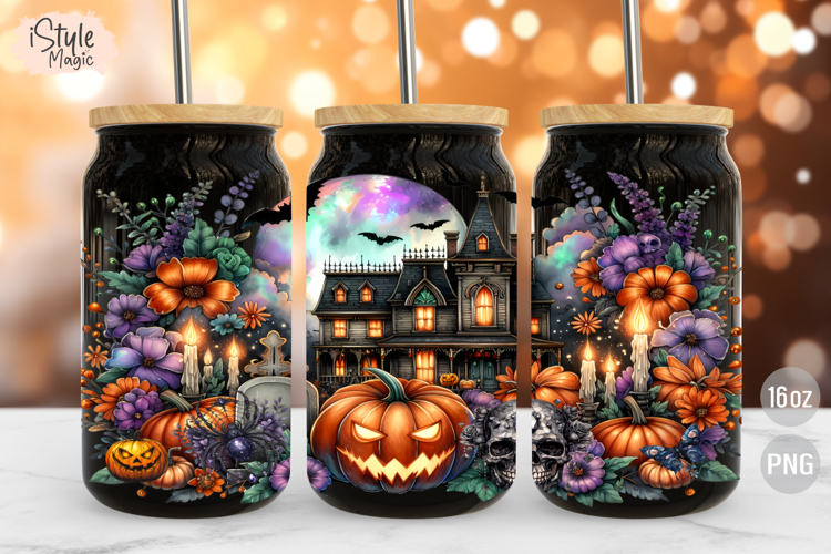 Haunted House Halloween 16oz Libbey Glass Can Wrap PNG