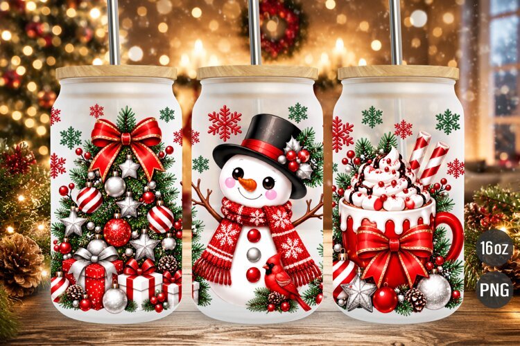 Snowman Christmas 16oz Glass Can Wrap PNG example image 1