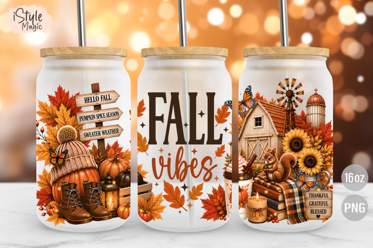 Fall Vibes Glass Can Wrap PNG, 16oz Libbey Sublimation