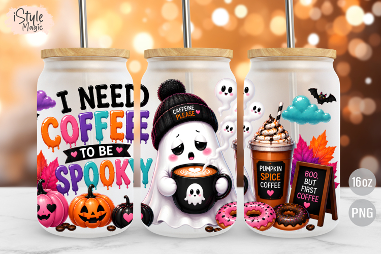 Cute Funny Coffee Ghost Halloween 16oz Glass Can Wrap PNG