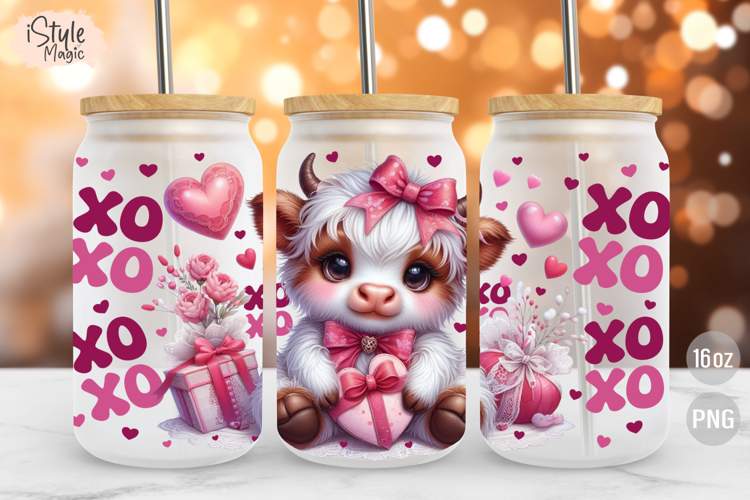 Valentines Day Highland Cow 16 oz Libbey Glass Can Wrap PNG