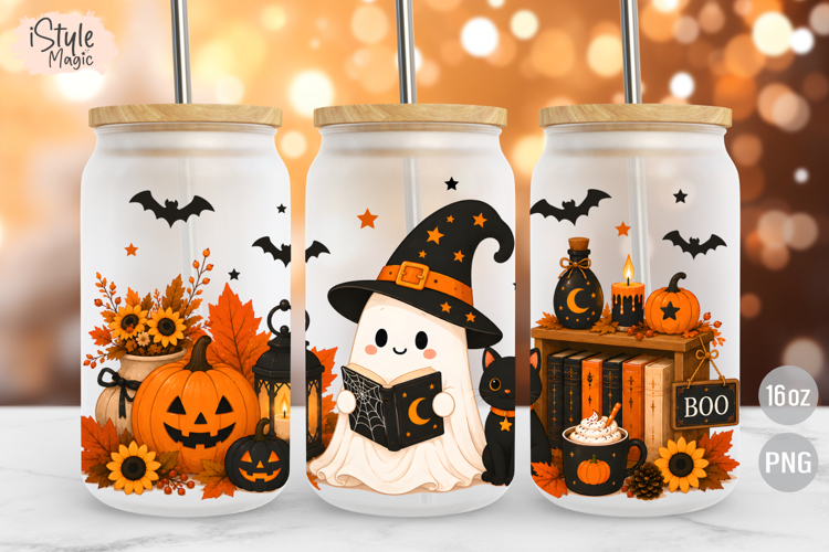 Ghost Reading Book Halloween 16oz Libbey Glass Can Wrap PNG