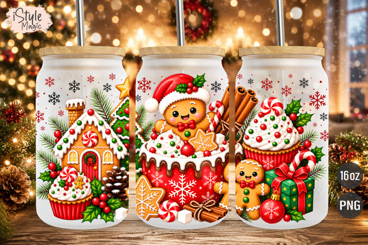 Christmas Gingerbread 16 oz Glass Can Wrap Sublimation PNG example image 1