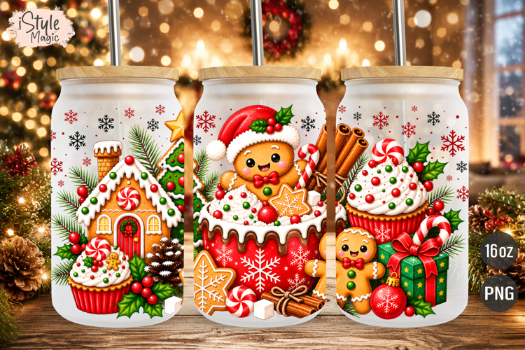 Christmas Gingerbread 16 oz Glass Can Wrap Sublimation PNG
