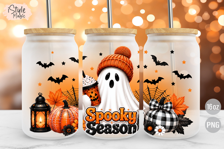 Spooky Season Ghost Halloween 16oz Libbey Glass Can Wrap PNG