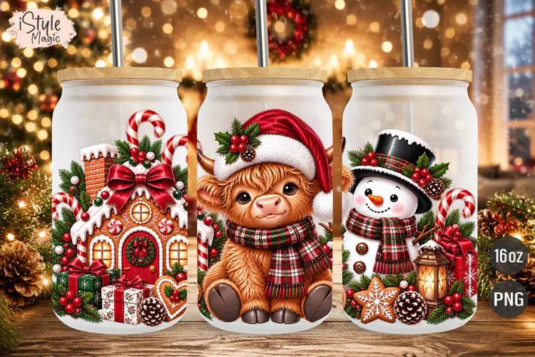 Christmas Highland Cow 16oz Glass Can Wrap PNG