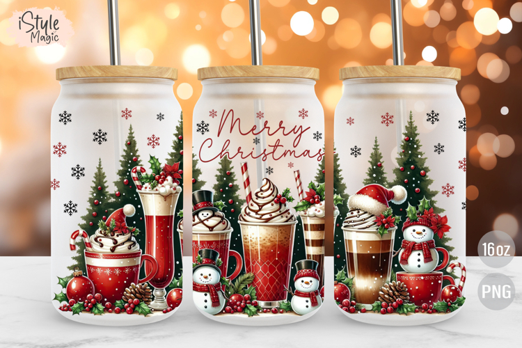 Merry Christmas Snowman 16 oz Glass Can Wrap Sublimation PNG