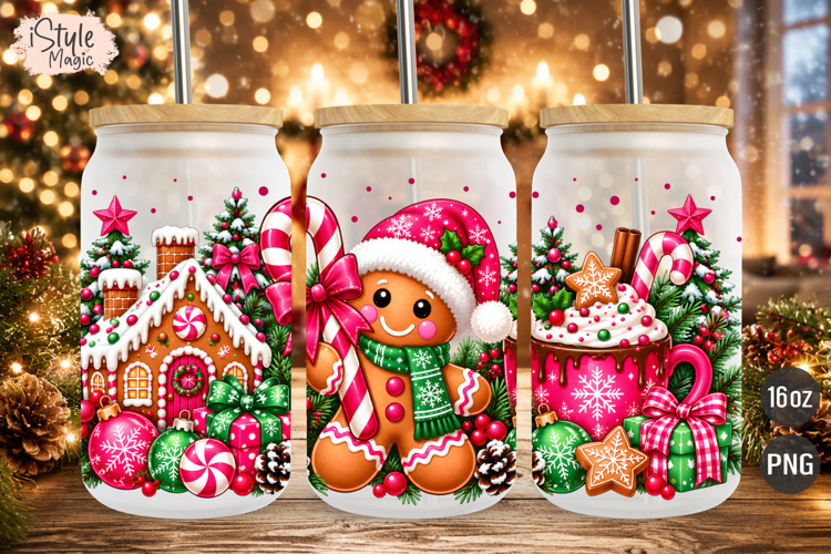 Christmas Cute Pink Gingerbread 16 oz Glass Can Wrap PNG