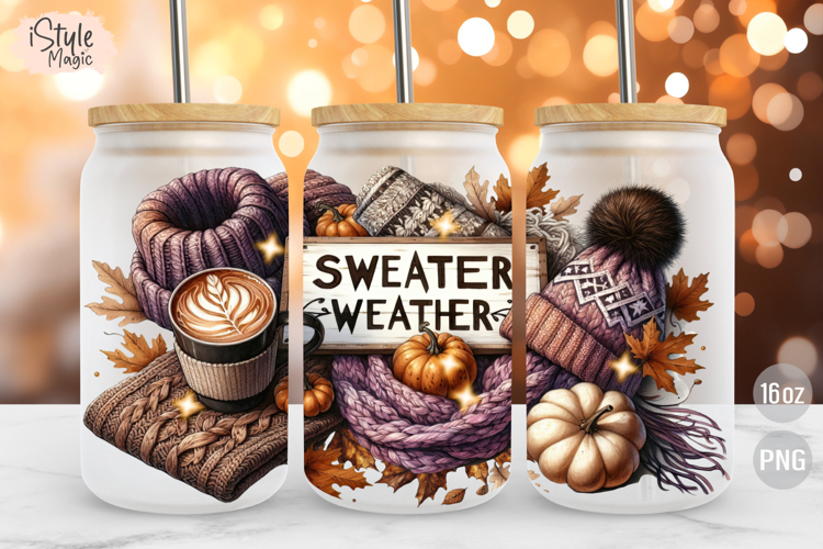 Sweater Weather 16oz Glass Can Wrap Cup Sublimation PNG