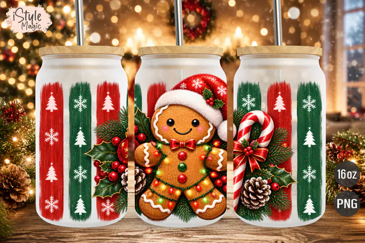 Gingerbread Christmas 16oz Glass Can Wrap Sublimation PNG