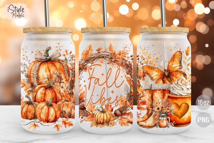 Fall Vibes Autumn Libbey 16oz Glass Can Wrap Sublimation PNG