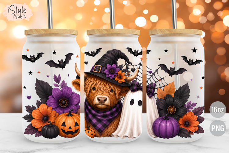 Halloween Highland Cow Ghost 16oz Glass Can Wrap PNG