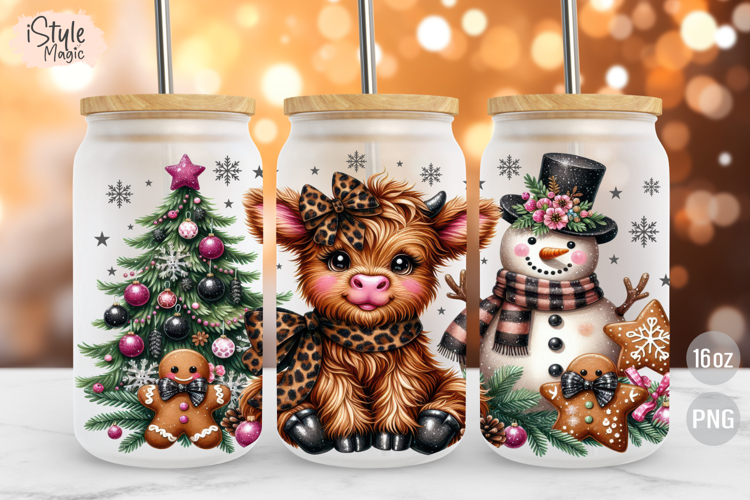 Christmas Baby Highland Cow 16oz Libbey Glass Can Wrap PNG