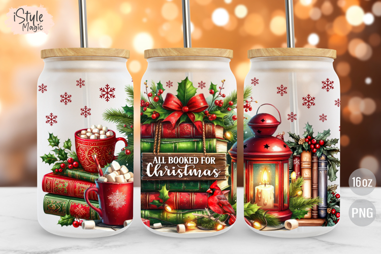 All Booked for Christmas 16 oz Libby Glass Can Wrap PNG