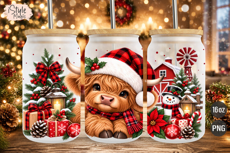 Christmas Highland Cow 16oz Glass Can Wrap Sublimation PNG example image 1