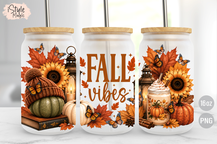 Fall Vibes 16oz Glass Can Wrap Floral Pumpkin Design PNG