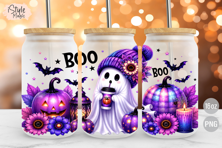 Cute Boo Ghost Purple Halloween 16oz Libbey Glass Can Wrap