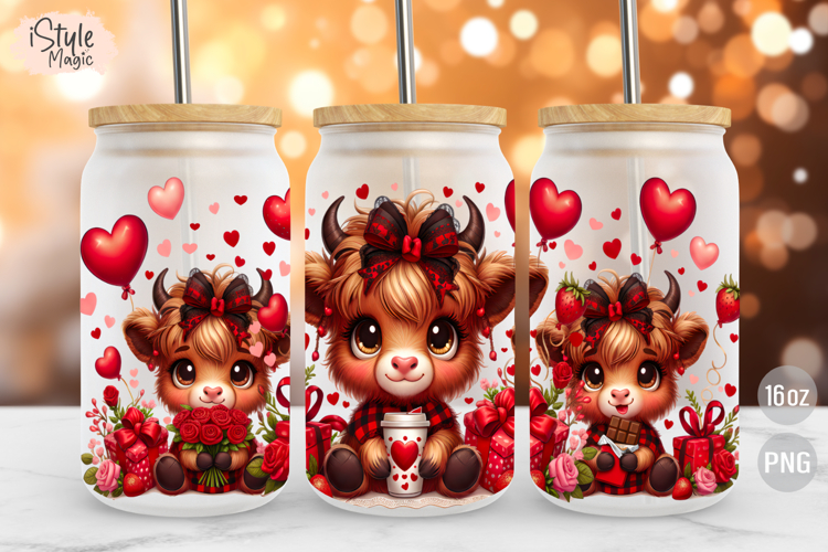 Valentines day Highland Cow 16oz Glass Can Wrap PNG