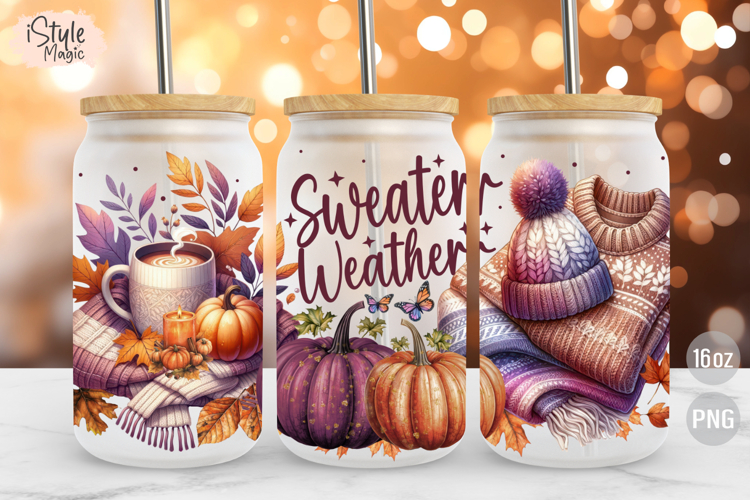 Sweater Weather 16oz Glass Can Wrap Cup Sublimation PNG