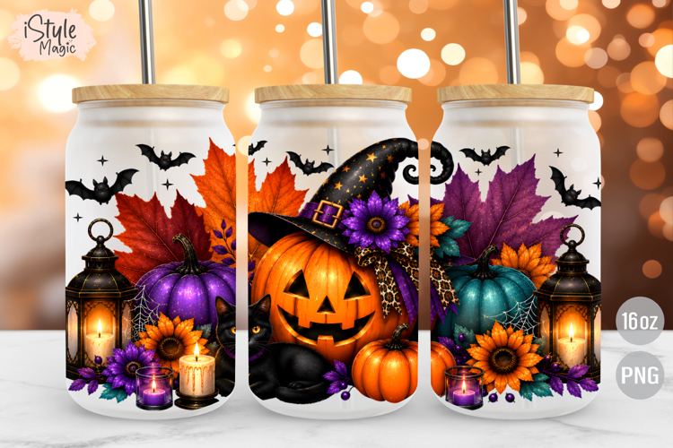 Halloween Jack O Lantern Pumpkin 16oz Libbey Glass Can Wrap