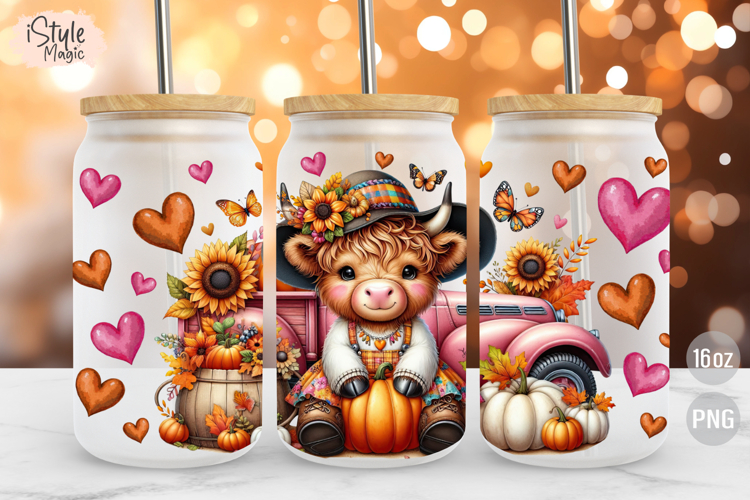 Fall Cute Baby Highland Cow 16 oz Coffee Glass Can Wrap PNG