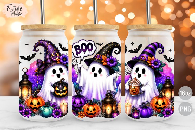 Ghosts Witch Hat Halloween 16oz Libbey Glass Can Wrap PNG