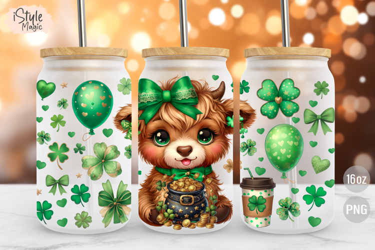 St Patricks Day Highland Cow 16oz GLass Can Wrap PNG