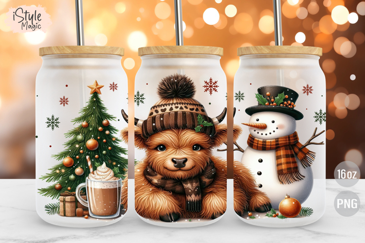 Christmas Baby Highland Cow 16 oz Libby Glass Can Wrap PNG