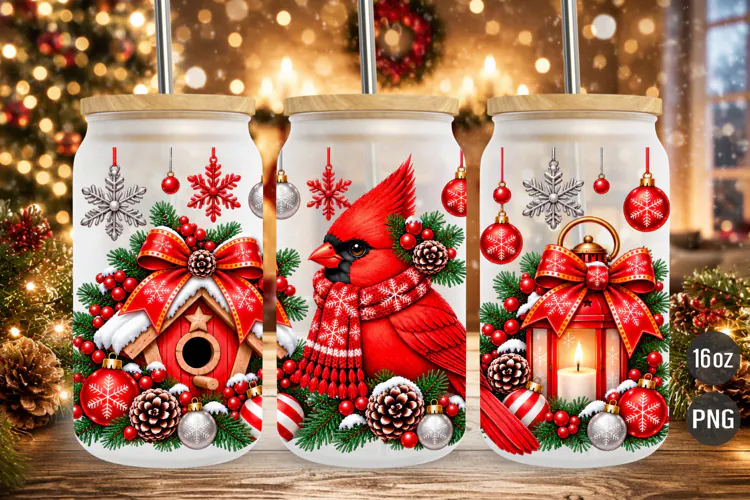 Cardinal Christmas 16oz Glass Can Wrap PNG