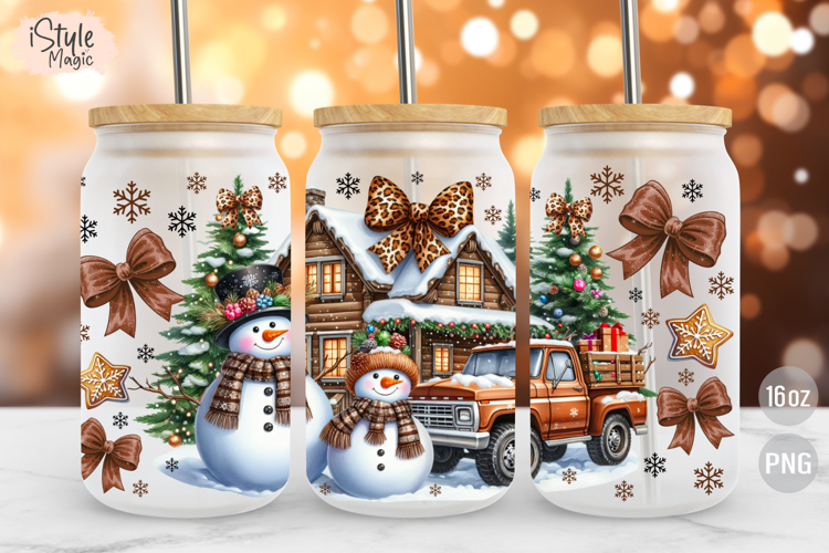 Christmas Snowman Coquette Bow 16 oz Libbey Glass Can Wrap