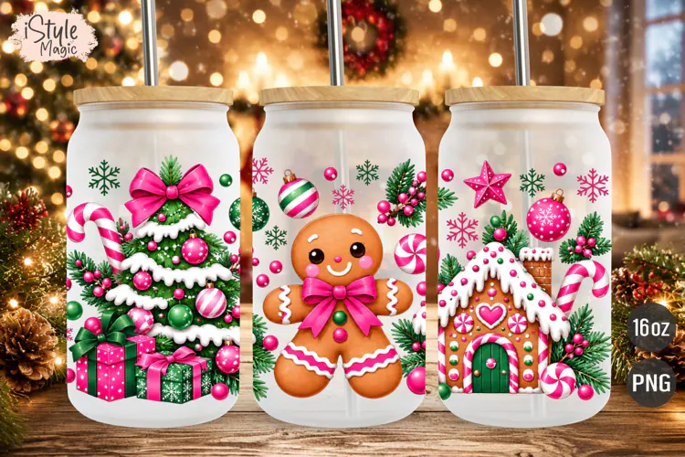 Pink Gingerbread Christmas 16oz Libbey Glass Can Wrap PNG
