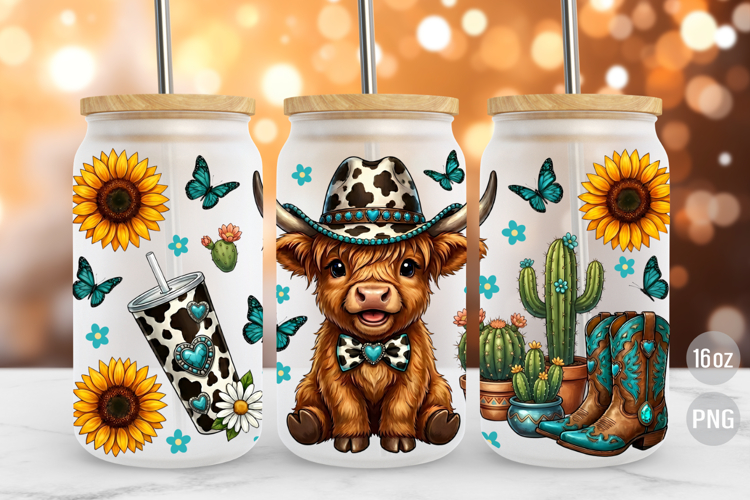 Western Highland Cow 16oz Libbey Glass Can Wrap PNG