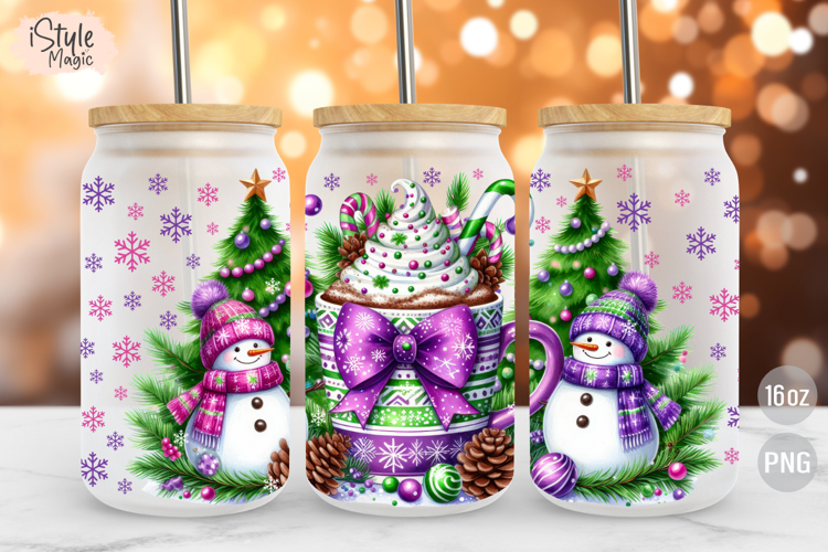 Purple Christmas Snowman 16 oz Libbey Glass Can Wrap