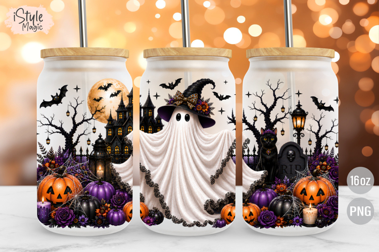 Ghost Haunted House Halloween 16oz Libbey Glass Can Wrap