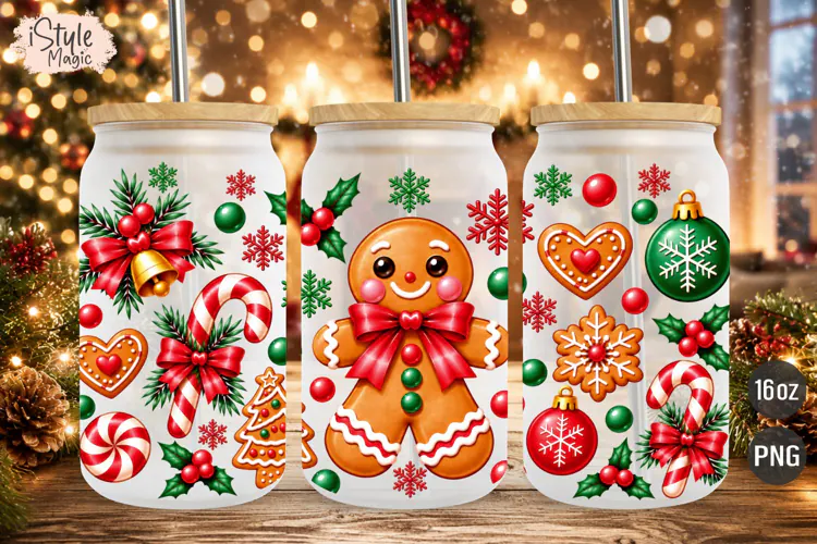 Gingerbread Christmas 16oz Libbey Glass Can Wrap PNG