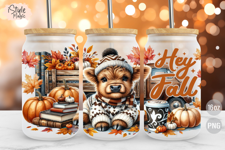 Fall Baby Highland Cow 16oz Glass Can Wrap Sublimation PNG