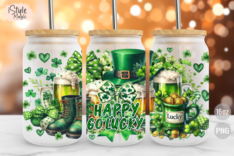 Happy Go Lucky St Patricks Day 16oz Glass Can Wrap PNG