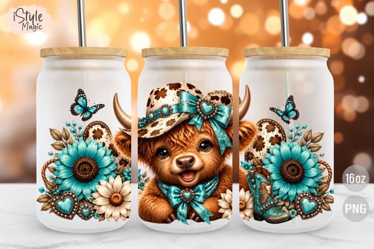 Western Highland Cow 16 oz Libbey Glass Can Wrap PNG