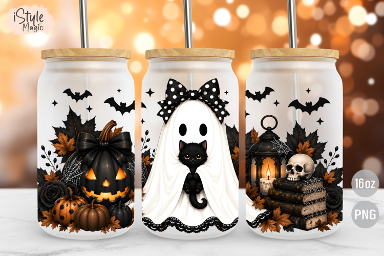 Cute Ghost Black Cat Halloween 16oz Libbey Glass Wrap PNG