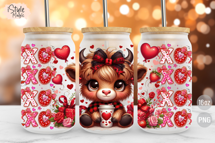Valentines Day Highland Cow 16 oz Libbey Glass Can Wrap PNG