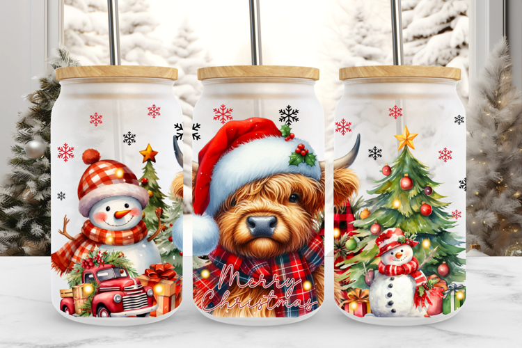 Merry Christmas Cow 16oz Glass Can Wrap Sublimation PNG