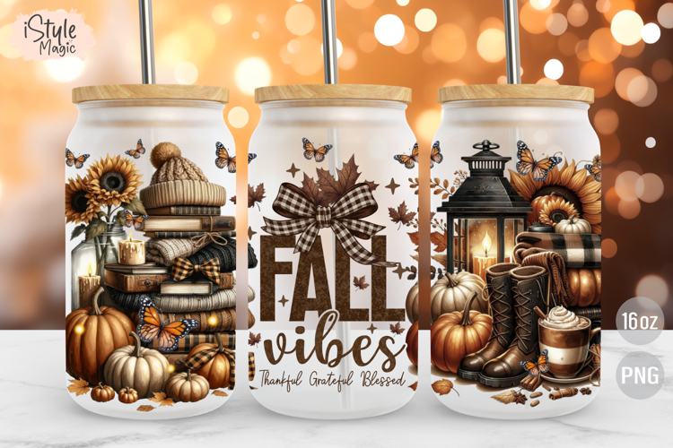 Fall Vibes 16oz Glass Can Wrap Autumn Cup Sublimation PNG