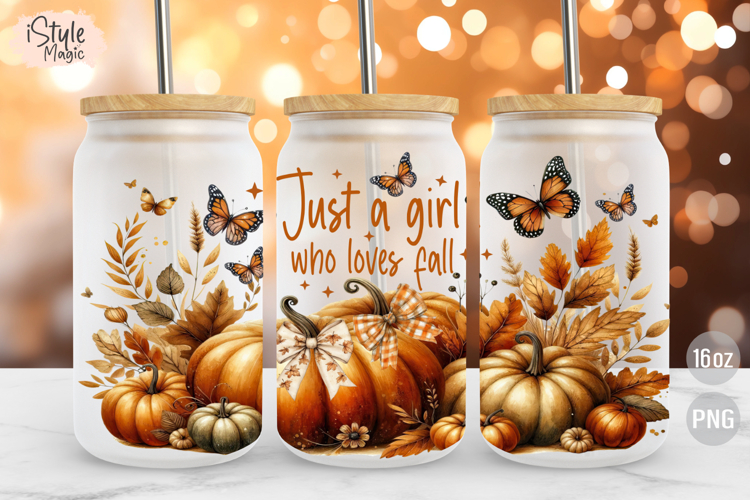 Just a Girl Who Loves Fall Autumn 16oz Glass Can Wrap PNG