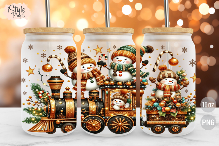 Snowman Christmas Train 16 oz Libby Coffee Glass Can Wrap