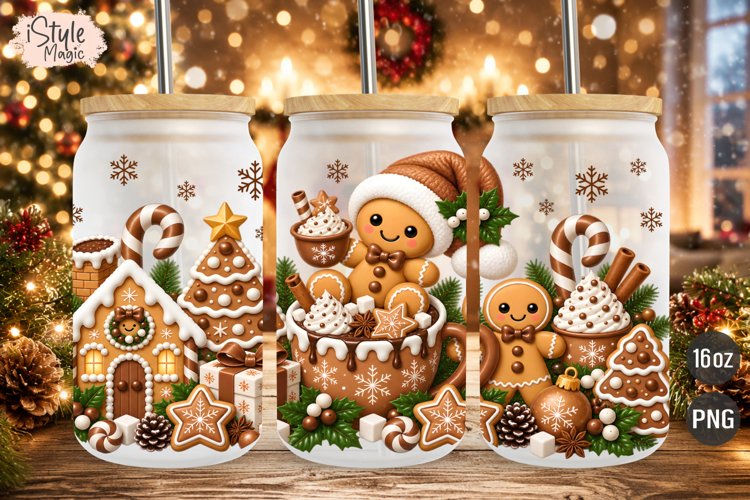 Christmas Cute Brown Gingerbread 16 oz Glass Can Wrap PNG