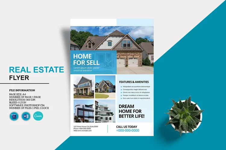 Real Estate Flyer Template, Word, Photoshop and Canva