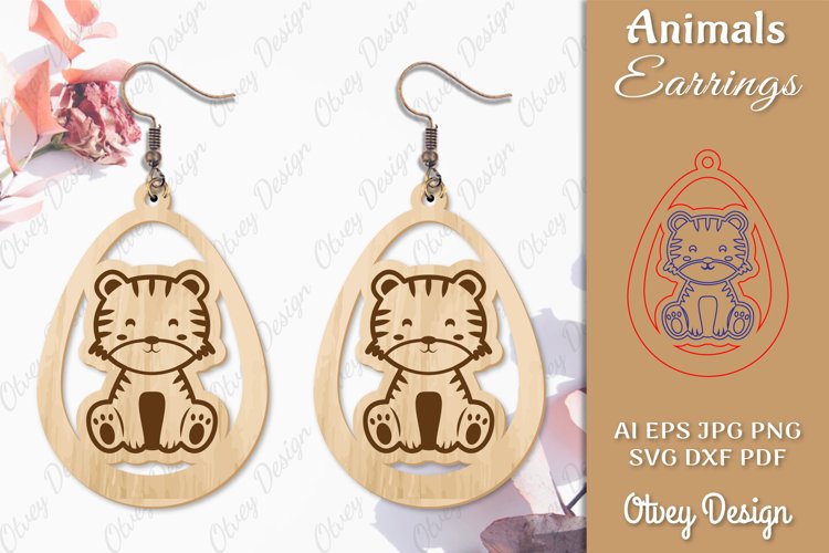 Tiger Animals Earrings Laser Cut example image 1